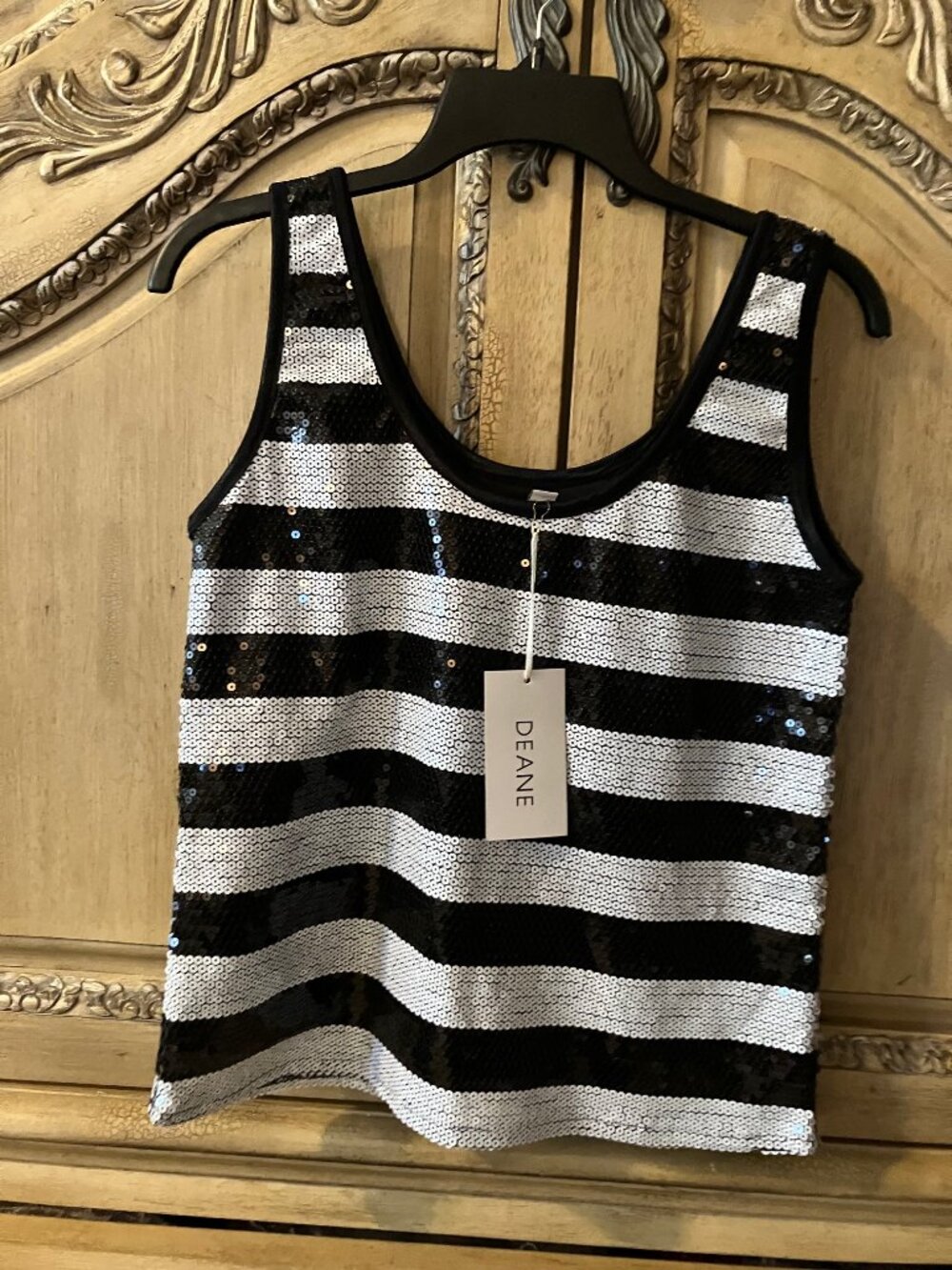 Deane Black and white sequins strapless box top style tank top